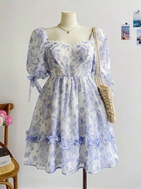 Floral Puff-Sleeve Mini Dress in Lavender Blue
